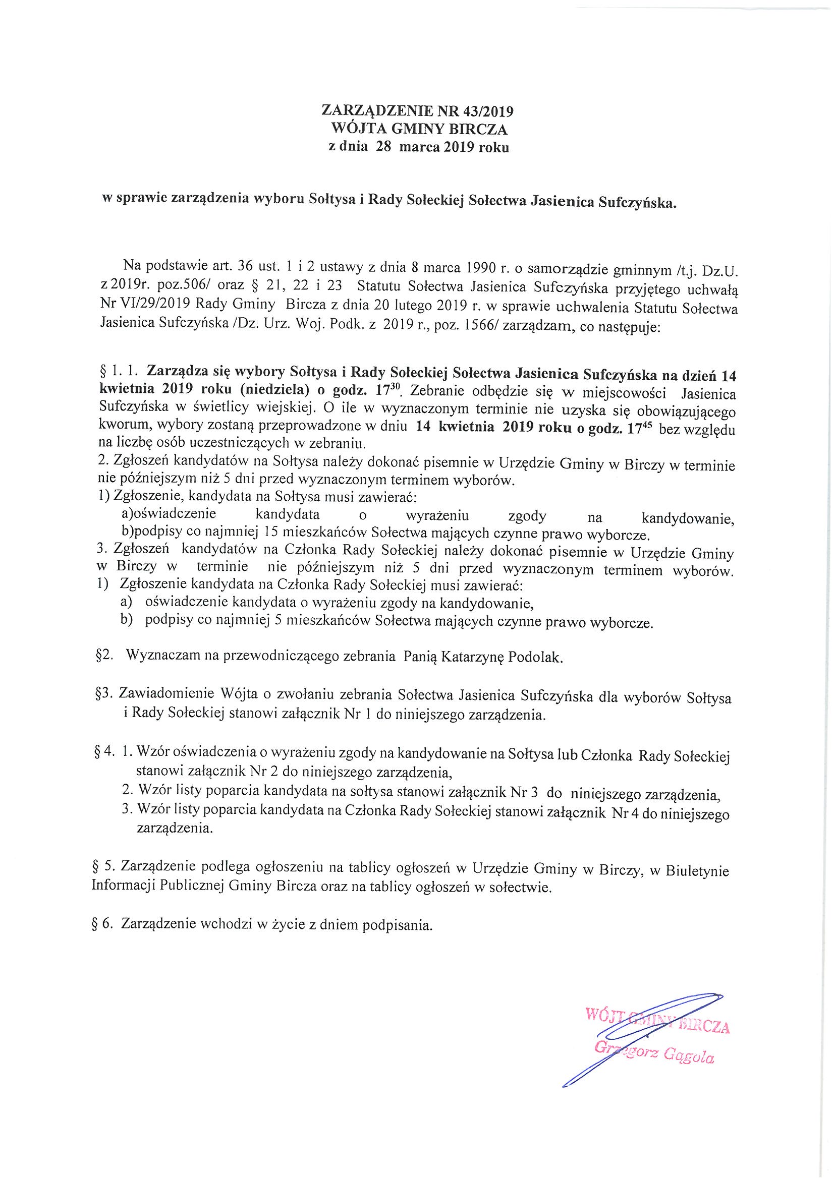 ------- Zarządzenie w sprawie wyboru Sołtysa i Rady Sołeckiej Jasienica Sufczyńska.jpg