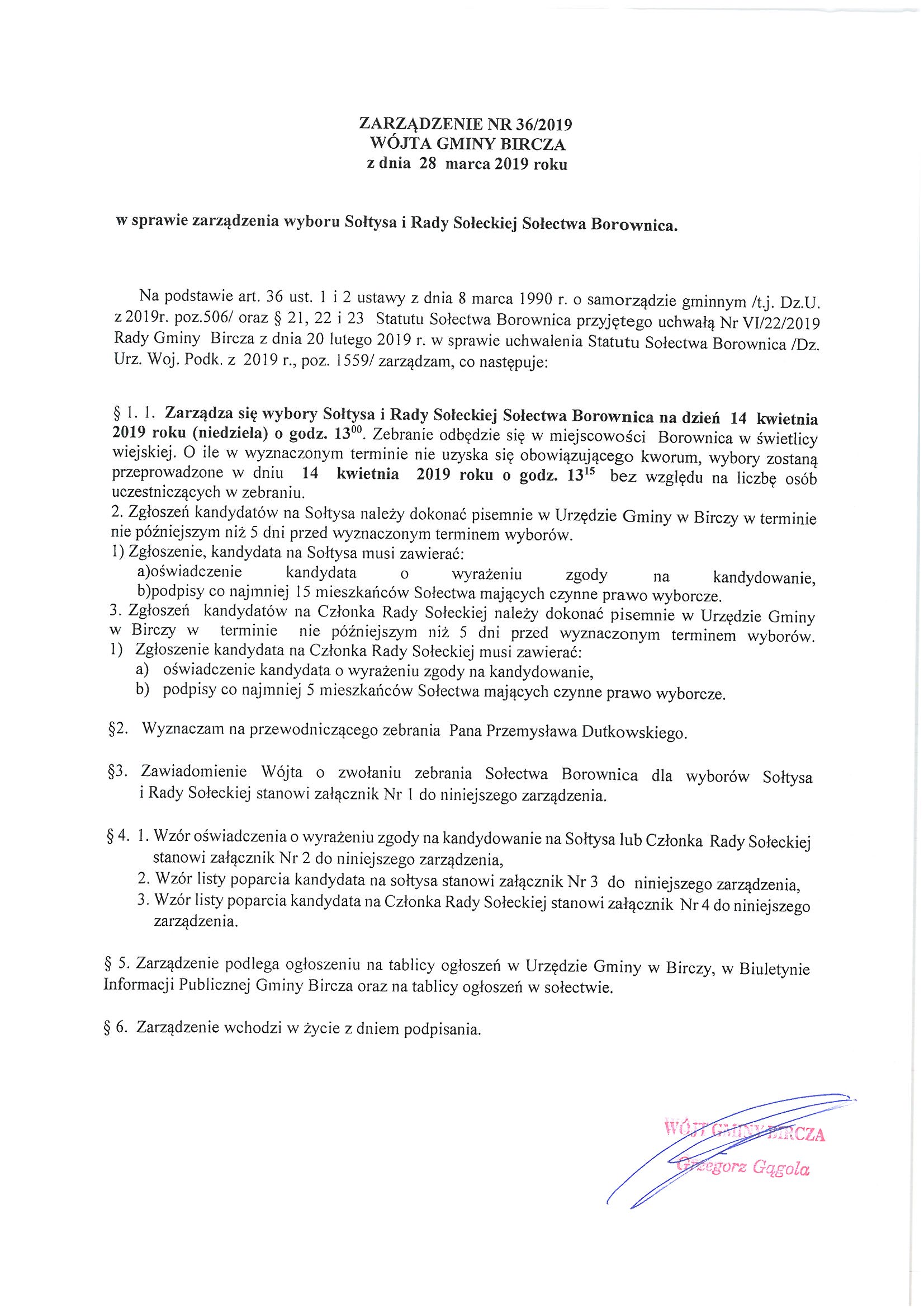 ------- Zarządzenie w sprawie wyboru Sołtysa i Rady Sołeckiej Borownica.jpg