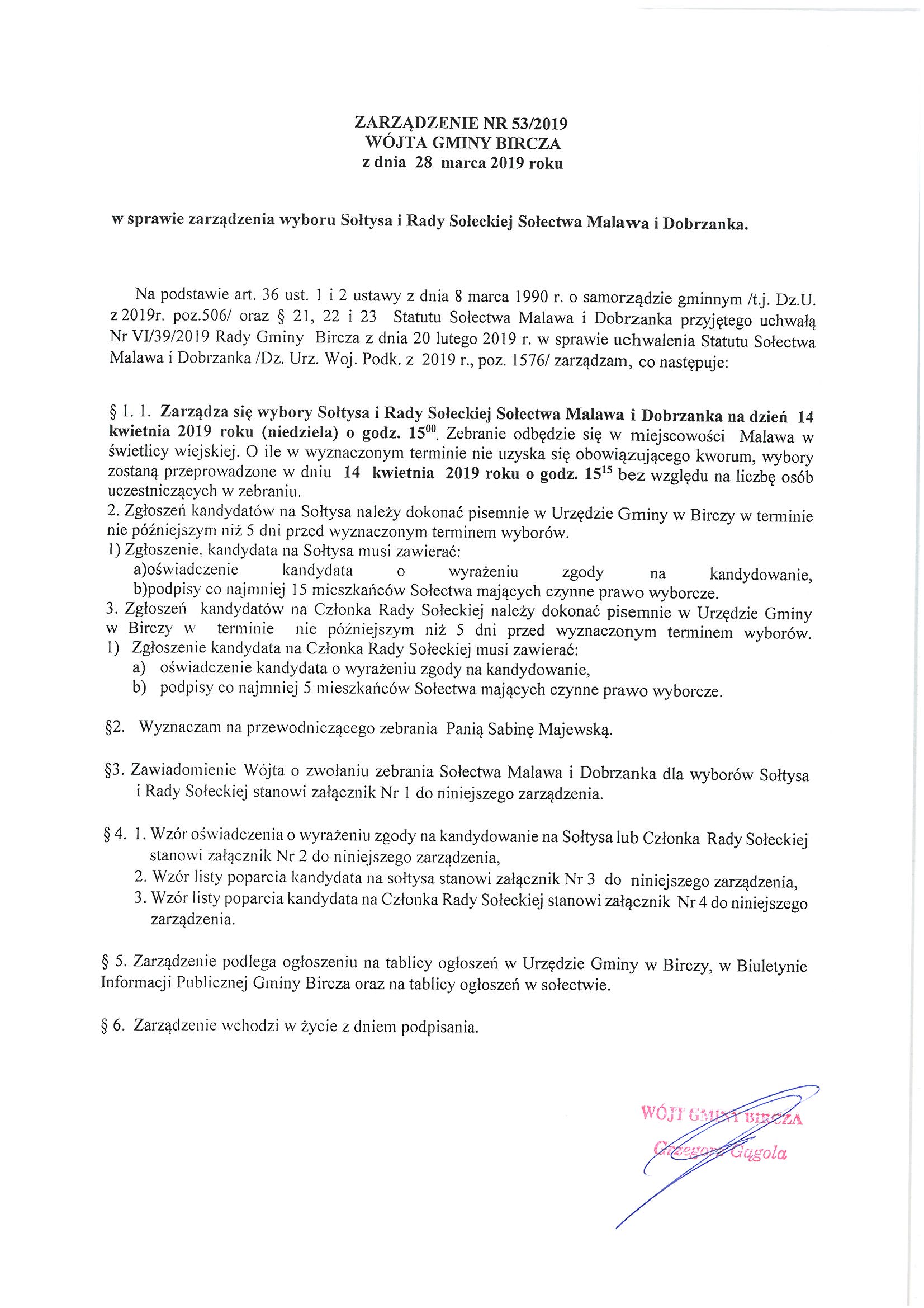 ------- Zarządzenie w sprawie wyboru Sołtysa i Rady Sołeckiej Malawa i Dobrzanka.jpg