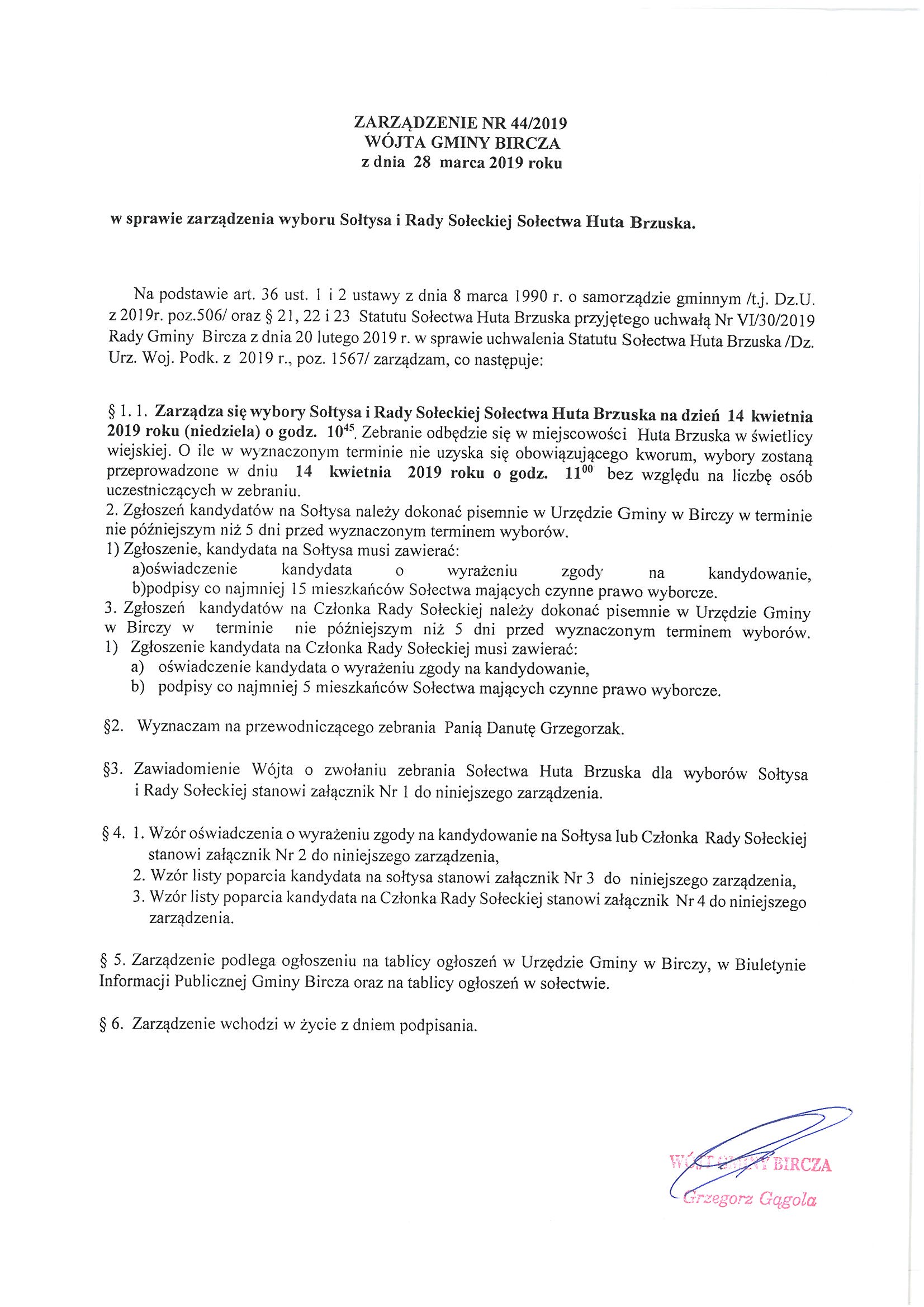 ------- Zarządzenie w sprawie wyboru Sołtysa i Rady Sołeckiej Huta Brzuska.jpg