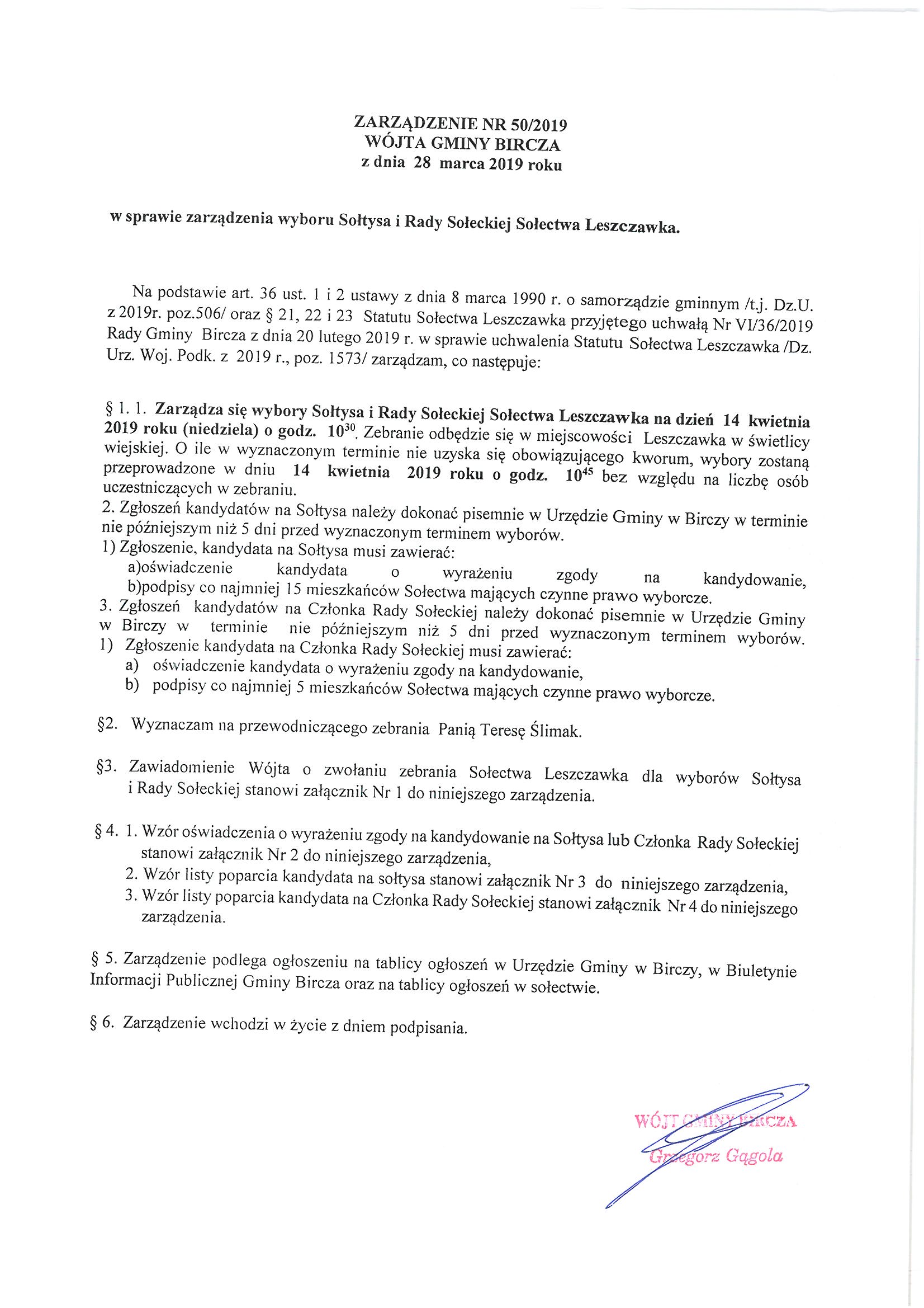 ------- Zarządzenie w sprawie wyboru Sołtysa i Rady Sołeckiej Leszczawka.jpg